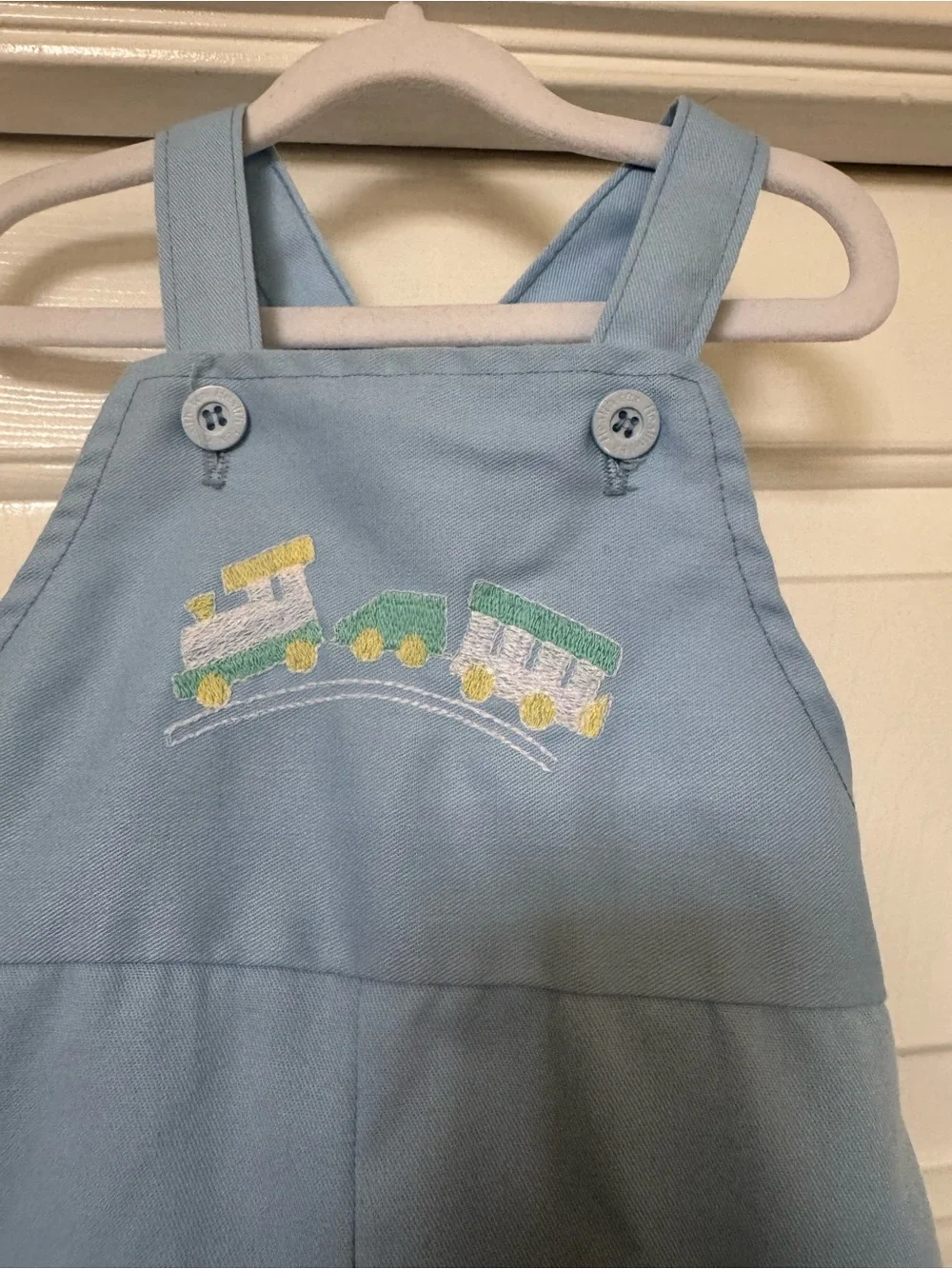 Health-Tex Vintage 1970-1980’s Light Blue Train Applique Overalls